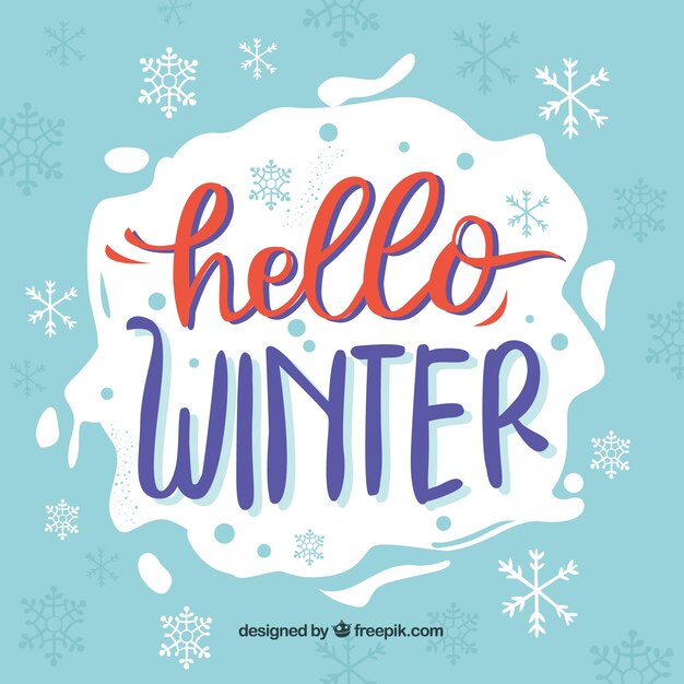 Blue background hello winter with red and purple lettering