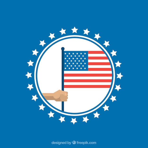 Blue background with circle and hand holding american flag