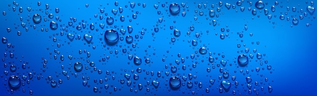 Blue background with clear water droplets. Vector realistic illustration of wet blue surface with condensation of steam in shower or fog, transparent aqua drops from dew or rain on window glass