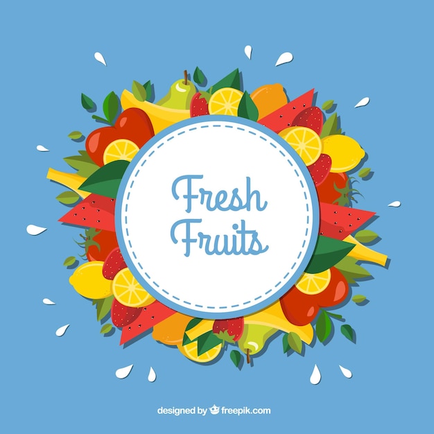 Free Vector blue background with colored fruits in flat design