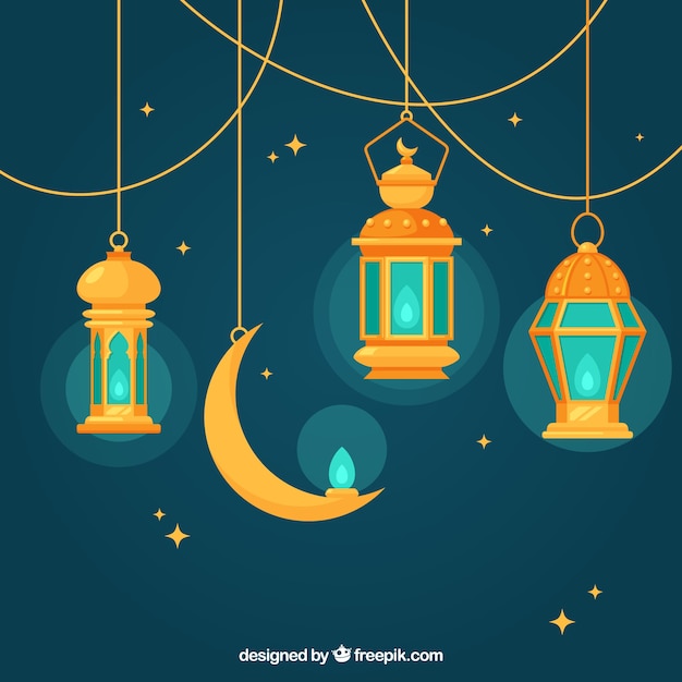 Free vector blue background with flat lamps and moon for ramadan