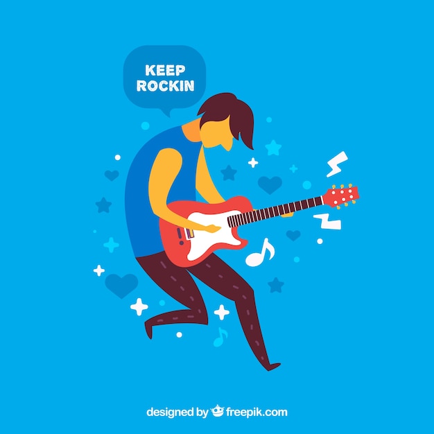 Blue background with guitar player