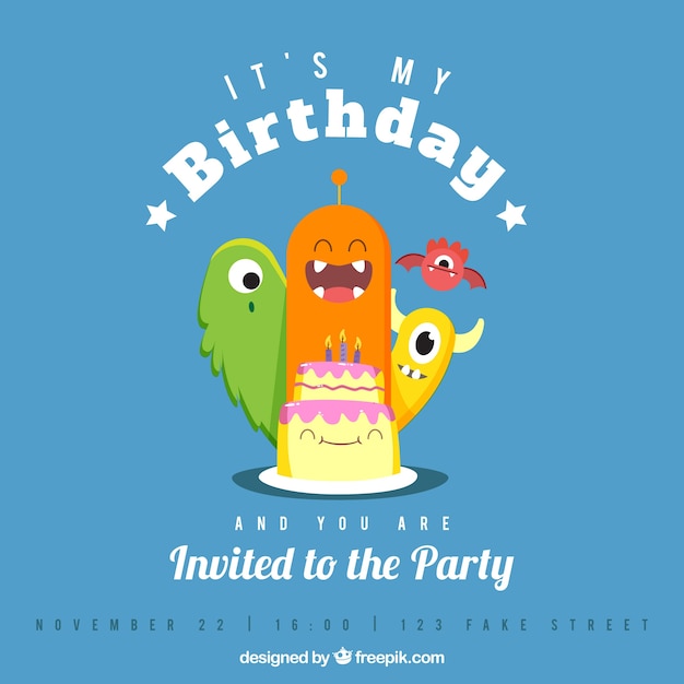 Blue birthday card with monsters