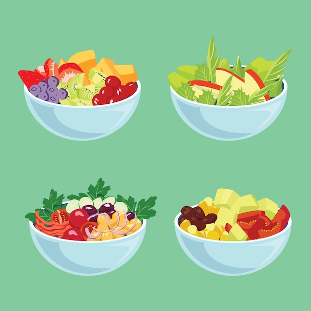 Blue bowls with veggies and fruit