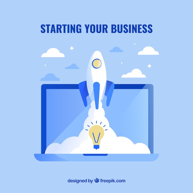 Free Vector blue business concept with laptop and rocket