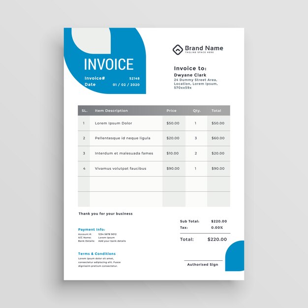 Blue business invoice template design