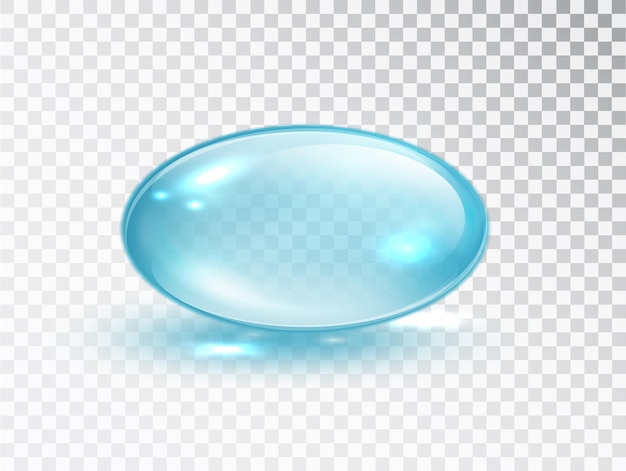 Blue Capsule. Oval bubble isolated on transparent background. Cosmetic oil capsule of vitamins and minerals. Vector realistic droplet of gel pill icon template.