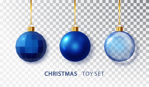 Blue Christmas tree balls set with isolated on transparent background Realistic hanging blue christmas balls Xmas holiday celebration decor