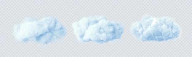 Blue clouds isolated on a transparent background. 3D realistic set of clouds. Real transparent effect. Vector illustration