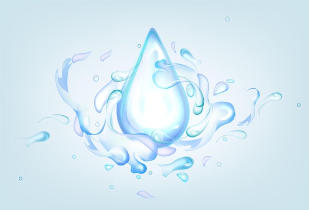 Blue drop with water splashes. Realistic 3d vector Illustration of fluid splashing isolated on light background. Liquid waves with swirls, clear pure aqua element with spray droplets. Hydration ad.