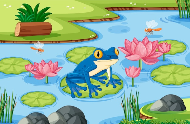 Free Vector blue frog in a vibrant pond scene