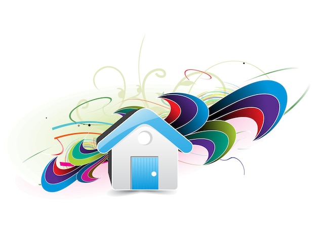 A blue house icon with abstract wave background, vector illustration.