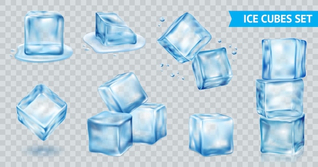 Blue ice cube transparent realistic set isolated vector illustration