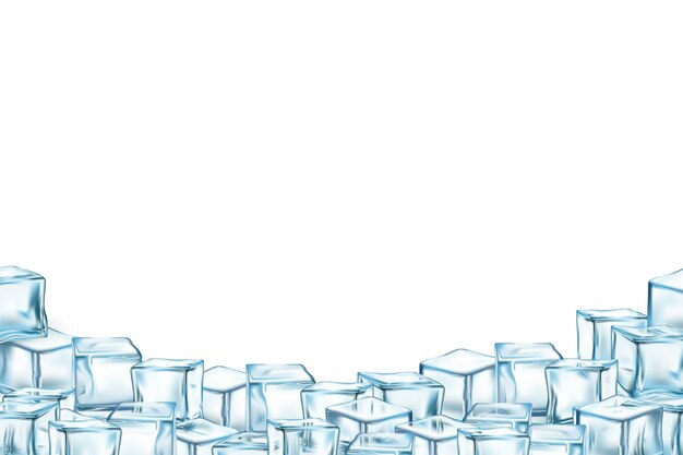 Blue ice cubes on white background cold frozen water in square shape Realistic crystal block pieces for cocktails refrigerator