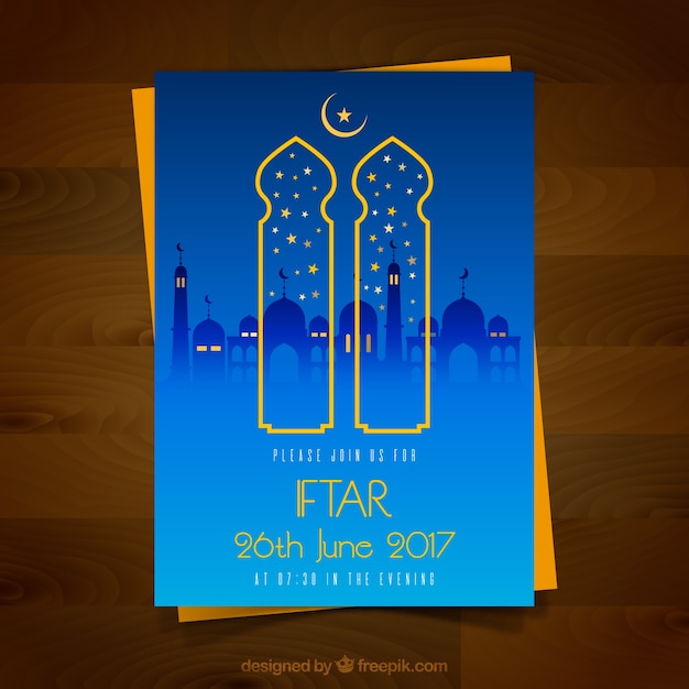 Blue iftar invitation with golden details