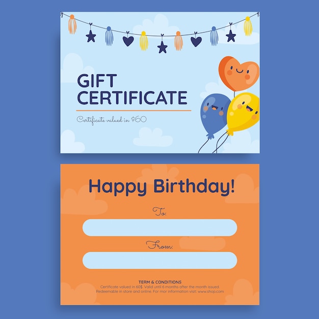 Free vector blue kawaii balloons birthday gift certificate