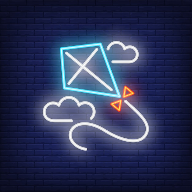 Blue kite flying in clouds neon sign