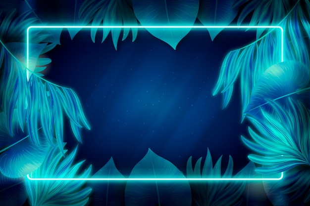 Blue neon frame with leaves