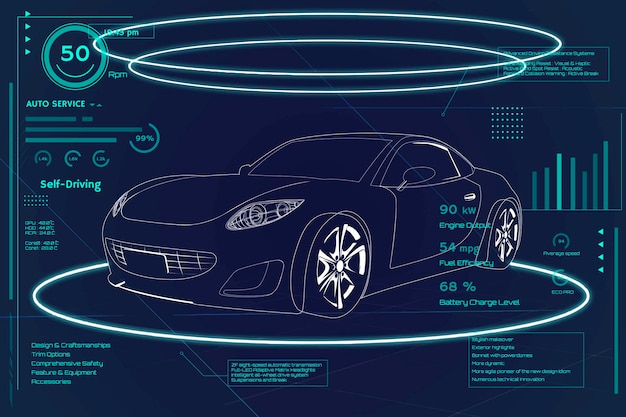 Blue neon sports car infographic