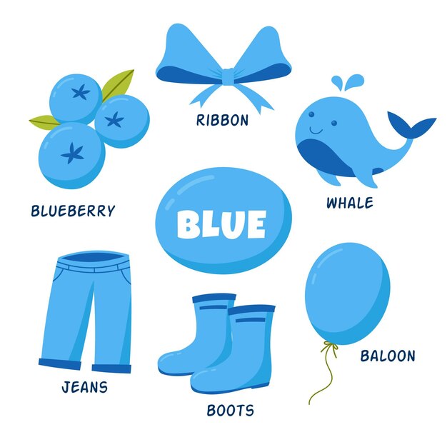 Blue objects and vocabulary set in english