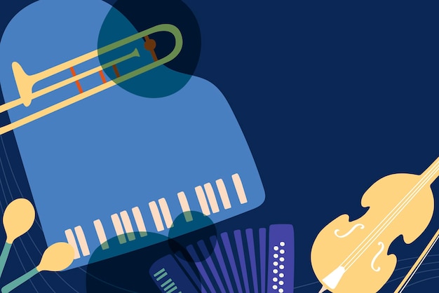 Blue retro background, music border, jazz instruments vector