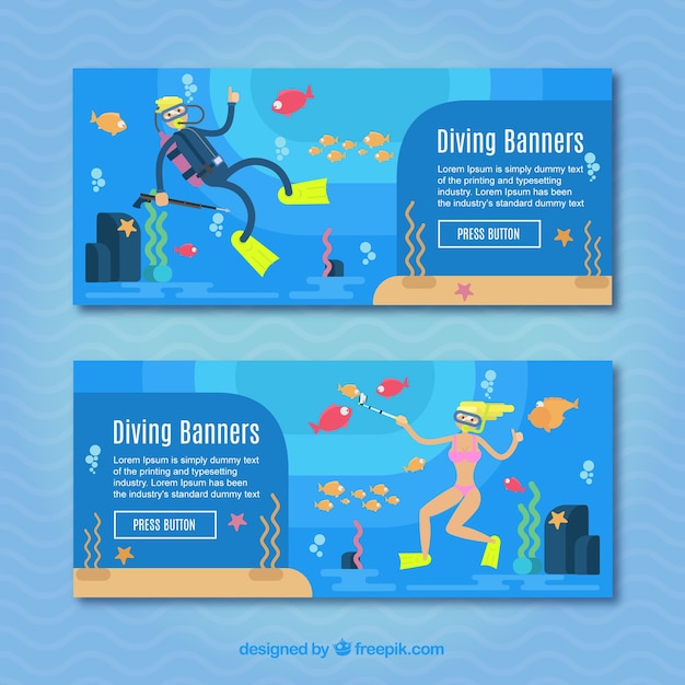 Free Vector blue scuba divers banners with elements