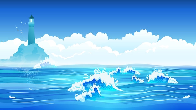 Blue sea waves lighthouse sky clouds illustration