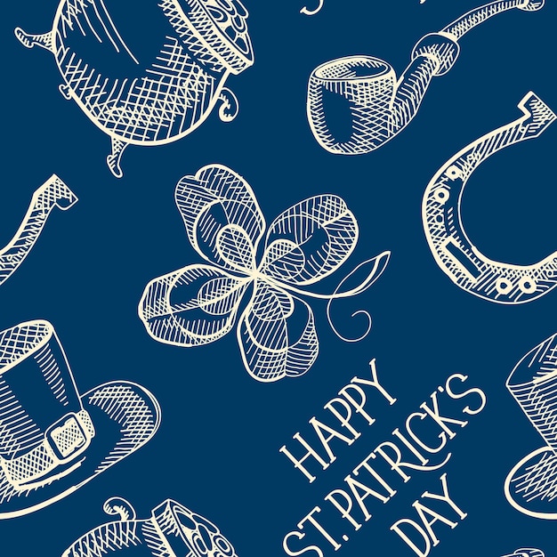 Blue St Patricks Day seamless pattern with clover hat horseshoe smoking pipe pot of gold coins