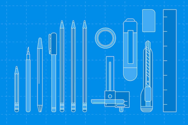 Free Vector blue stationery outline, vector illustration set