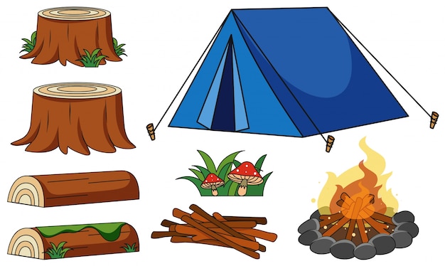 Free Vector blue tent and campfire on white background