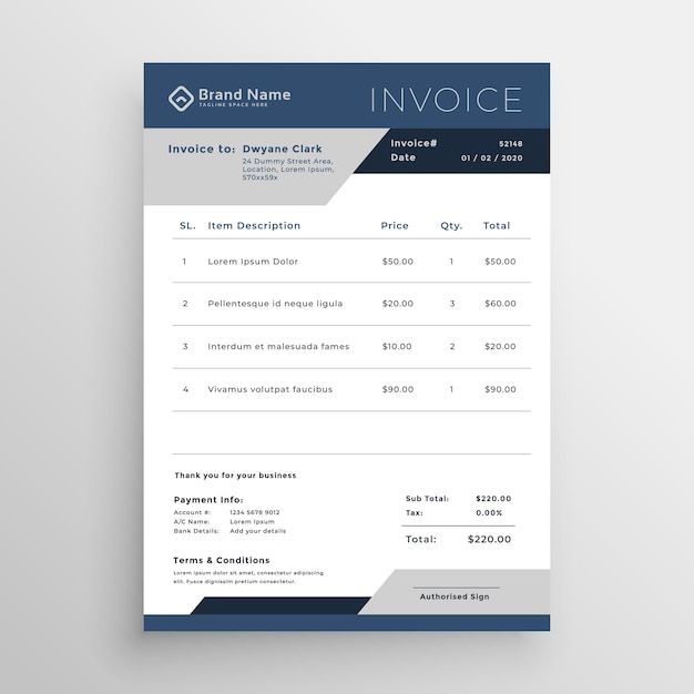 blue vector business invoice template design