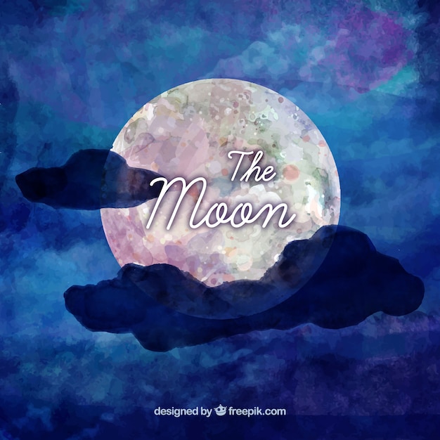 Free Vector blue watercolor background of moon with clouds