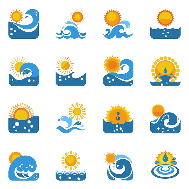 Blue Wave With Sun Icons Set