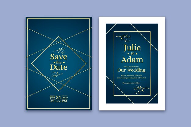 Blue wedding invitation template with couple's names