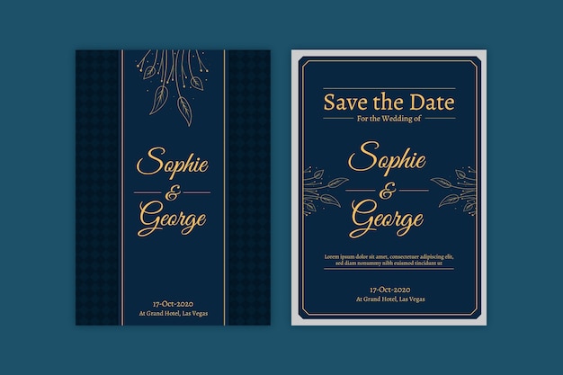 Blue wedding invitation template with golden elements