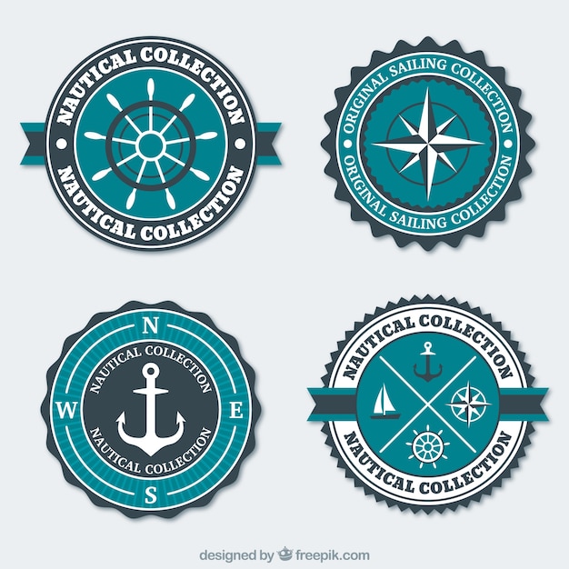 Blue and white nautical badges in flat design