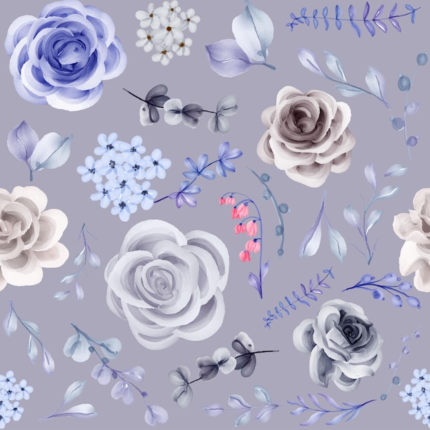 Free vector blue and white rose flowers watercolor seamless pattern with blue light background