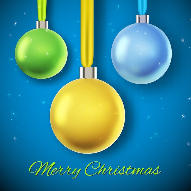 Blue with three hanging colorful christmas baubles flat illustration