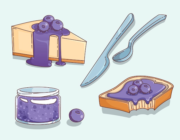 Free Vector blueberry jam in jar on bread toast and cake