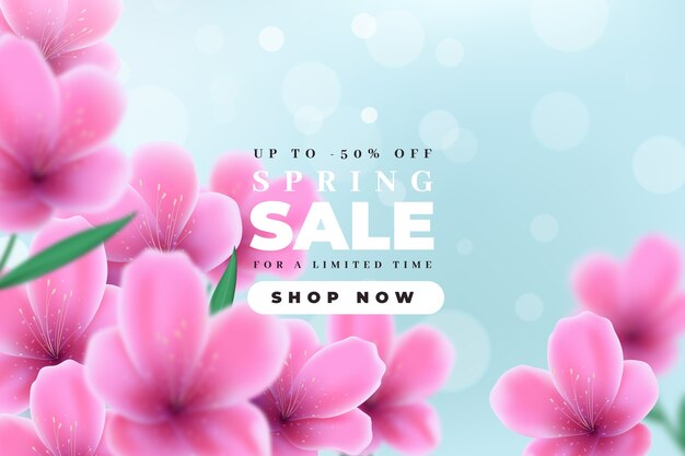 Blurred spring sale with violet flowers and sky