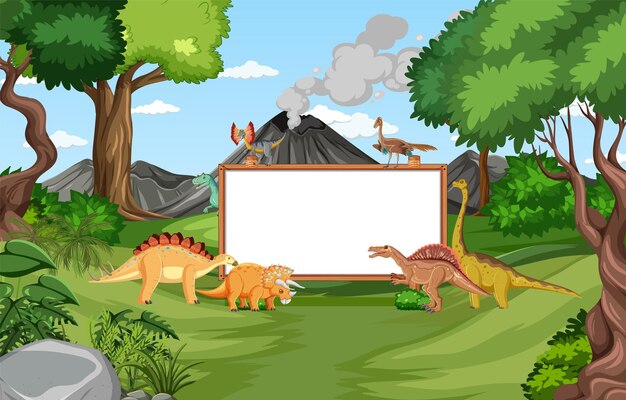 Board design with dinosaurs in forest