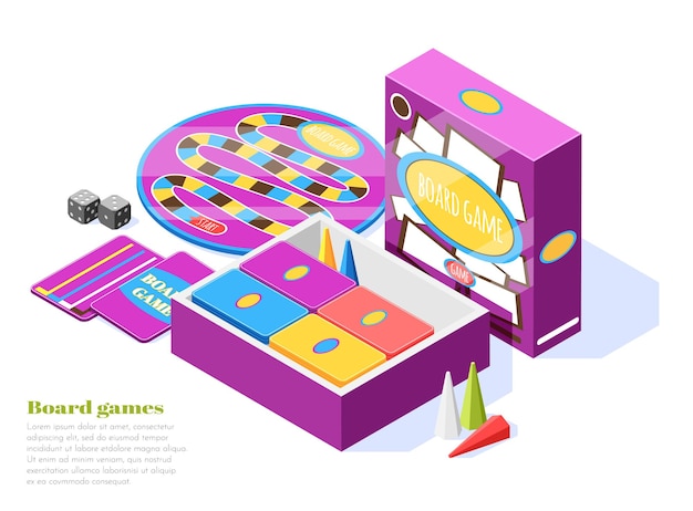 Board games set isometric composition with game elements tools and accessories