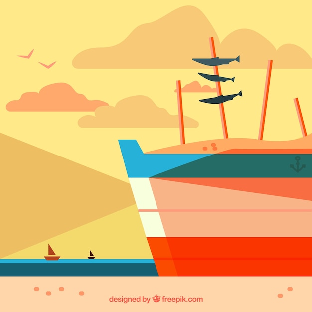 Free Vector boat background with sardines in flat design