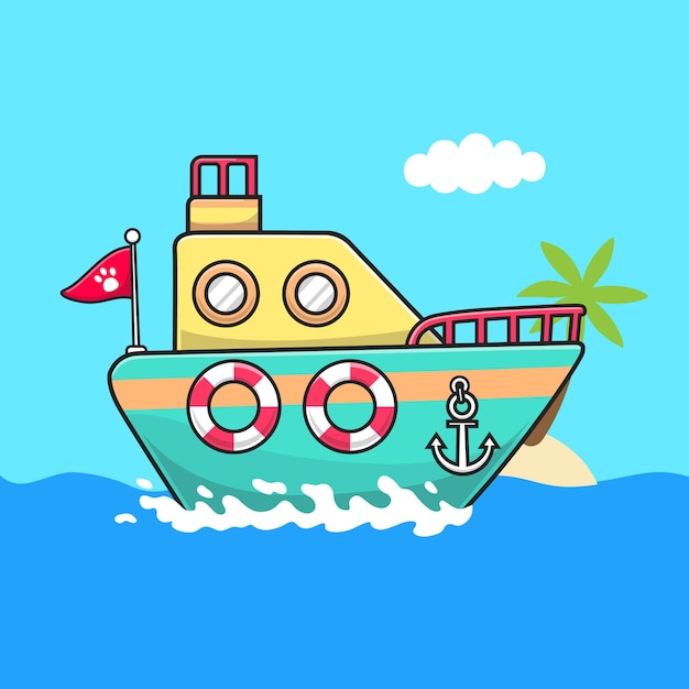 Boat Cartoon Vector Icon Illustration. Transportation Object Icon Concept Isolated Premium Vector. Flat Cartoon Style