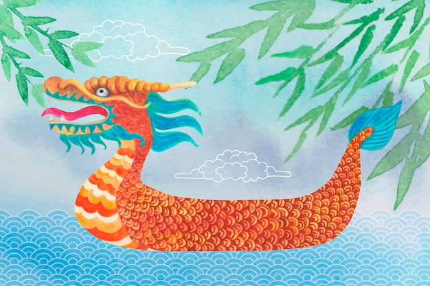 Free Vector boat with coloured dragon head and leaves