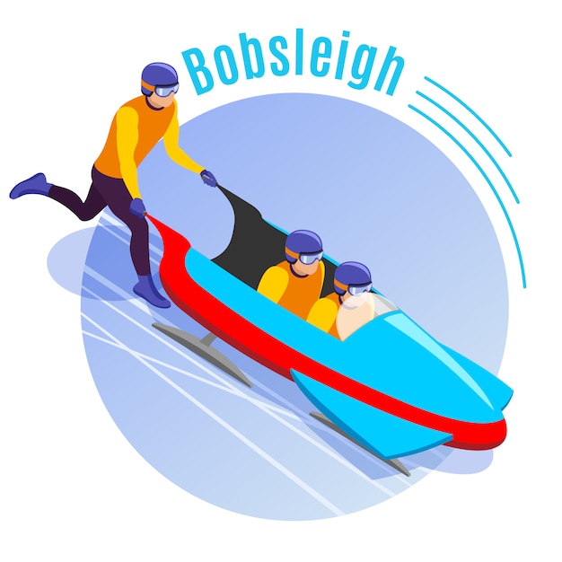 Free Vector bobsleigh round  with team of athletes  dispersing bobsled sleigh for downhill isometric