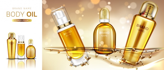 Body oil cosmetics product bottles mockup banner.