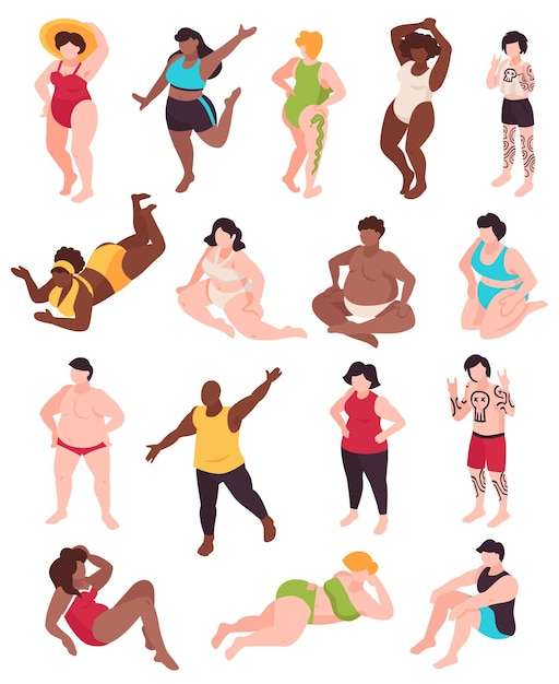 Body positive icons set with beachwear isometric isolated vector illustration