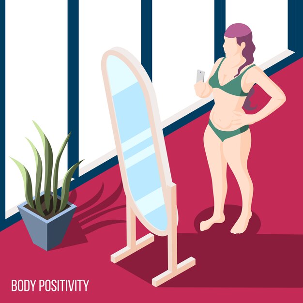 Body positivity movement with woman in the mirror