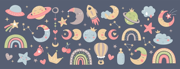 Free vector boho baby nursery decoration with cute rainbow moon clouds and planets